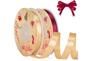 VynyQoo 2 Rotoli da 10mm Largo Nastro Di Raso, Rosso e Oro, 22M Lato Singolo Nastro Regalo, Nastri Per Decorazioni, Per Matrimonio, Compleanno, Decorazione Della Torta