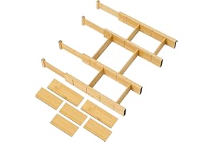 Utoplike Bambusowe przegrody do szuflad z wkładkami, regulowane organizery do szuflad kuchennych, rozszerzalna drewniana organizacja szuflad na skarpetki, do sypialni, kuchni, biura, sprężynowe