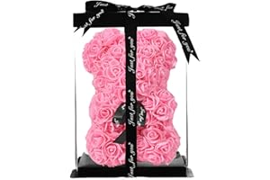 PACKEO Rosenbär 25 cm mit Geschenkbox – Bär aus Kunstrosen/Schaumrosen Freundin, Valentinstag, Muttertag, Geburtstag, Dekoration, handgemacht (Rosa)