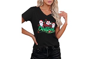Crewhpo Christmas T Shirt Women Merry Christmas T-Shirts Short Sleeve V-Neck Basic Top Graphic Printed Tee Shirts Xmas Holiday Tops