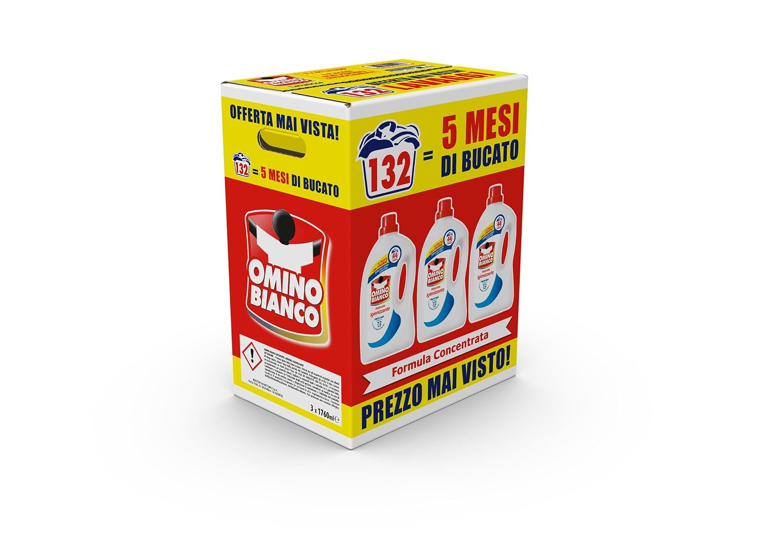 Omino Bianco - Detersivo Lavatrice Igienizzante Liquido, 132 Lavaggi, Igienizza i Capi e Rimuove Germi e Batteri, 1760 ml x 3 Confezioni