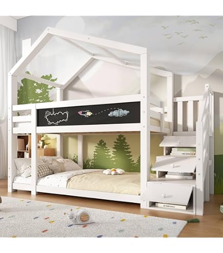Lit Superposé Bois Avec Escaliers Rangement - 2 Tiroirs, Clôture Sécurité, 90x200cm, Blanc, Sans Matelas