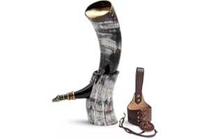 Norse Tradesman Corne de boeuf véritable Viking avec support en corne et ornements de loup en laiton | Sac cadeau en toile de jute inclus | The Jarl, Poli, 30 cm