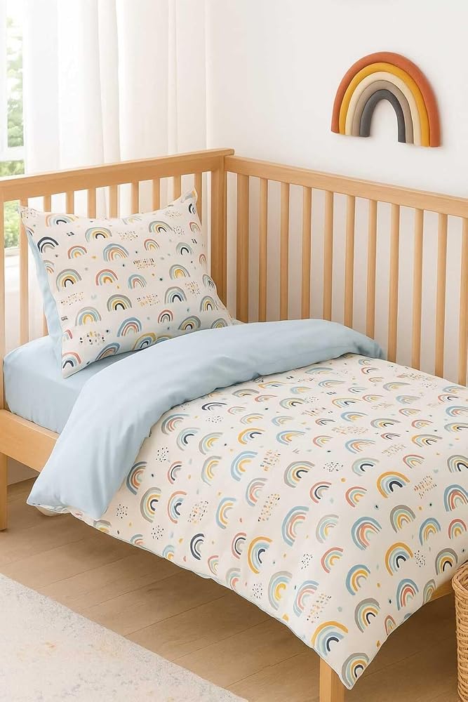 Bebek Özel Bebek Çocuk Pamuklu Nevresim Takımı 70x110 Beşik İçin Gökkuşağı Mavi Desenli