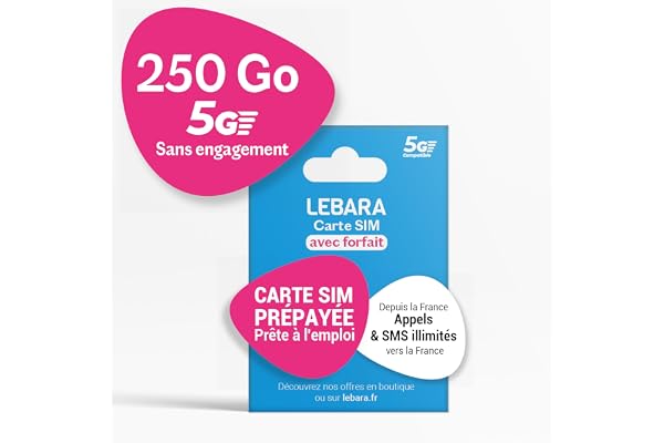 Lebara – Carte SIM prépayée avec Forfait Mobile valable 30 Jours – 250 Go Internet 4G+/5G sur Le réseau SFR – Appels & SMS illimités en France – Activation Via Compte Lebara