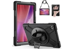 Gerutek Funda Anticaída para Lenovo Tab 10,1 Pulgadas 2025, (TB-311FU/TB-311XU), Carcasa Rugosa con Soporte Giratorio, Correa de Mano/Hombro, Portalápiz, Funda para Lenovo Tab 2025 10.1" WUXGA, Negro