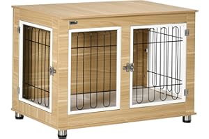 PawHut Cage pour Chien Meuble Cage Chien intérieur Table d'appoint Multi-usages avec Double Porte et Coussin - Niche pour Chien Moyenne et Grande Taille - 90 x 58 x 65 cm, Aspect Marron