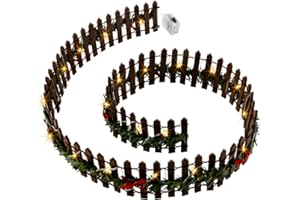 HEBUDY Miniature Christmas Village Fence, 35 in Christmas Decorative Picket Fence with LED Light, Small Wooden Fairy Garden Accessories for DIY Christmas Village Landscape,Dollhouse, Crafts,Plant Pot (Brown)