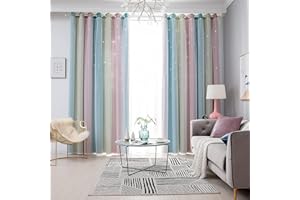 ‎FREYAMY Freyamy Gardinen Rosa Grün Weiß Glänzend Sterne Vorhänge Blickdicht Kinderzimmer Halbtransparent H 210 X B 132cm Ösenvorhang 2er Set Mädchen Kindervorhänge Gardinen Verdunkelungsvorhang Wohnzimmer
