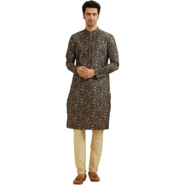 Manyavar Pigiama Kurta Uomo In Cotone Verde Quadrettato - Set Tradizionale Indiano Con Chiusura Abbottonata, Lunghezza Al Ginocchio, Abbigliamento Etnico Per Cerimonie