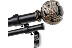 1 Inch Double Curtain Rods 36 to 72 Inches (3 to 6 ft), USFOOK Black Drapery Rods for Windows 24 to 68 Inches, Telescoping Dual Curtain Rod with Woven Leaf Finials