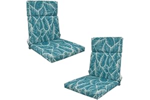 BJWU Set of 2 Waterproof High Back Garden Chair Cushions with Ties - Indoor/Outdoor Seat Pads for Patio, Loungers, Recliners & Rocking Chairs (Blue Leaves, 45 ×107 × 3cm)