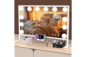 BESTOPE PRO Espejo Maquillaje Hollywood Ajustable 60x35cm, Soporte Móvil, 12 LED Regulables Táctil, 3 Modos Color, Espejo Mesa/Pared, Aumento 10X, Blanco