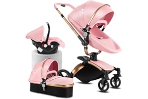 Reenborn Carrito Bebe 3 en 1, Carro Bebe de Cuero con Asiento Ajustable Rotación 360°, Cochecito Bebe 3 Piezas con Marco de Aluminio, Carricoche Bebe con Diseño Plegable con Un Solo Clic (906 Pink)