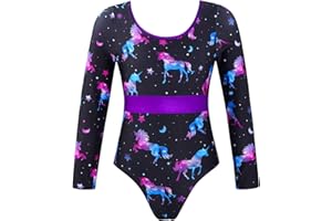 iEFiEL Mädchen Turnanzug Langarm Leotard Gymnastikanzug Einhörner Muster Tanzbody Balltett Anzug Mit Kreuzen Rückchen