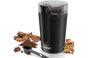 Aigostar Molinillo de Café Eléctrico, con Cuchilla de Acero Inoxidable, Semillas Especias Frutos Secos Molinos de Cuchillas de 200W Potencia, Capacidad 60gr con Cepillo para Limpieza, Libre de BPA