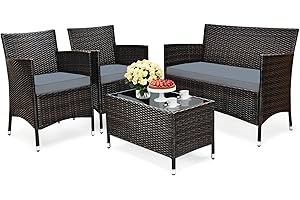 KOMFOTTEU Ensemble de Salon de Jardin en Rontin, 4 Pièces pour 4 Personnes, Meubles de Jardin avec Coussins, Mobilier d’Extérieur avec 1 Canapé, 1 Table Basse et 2 Fauteuils