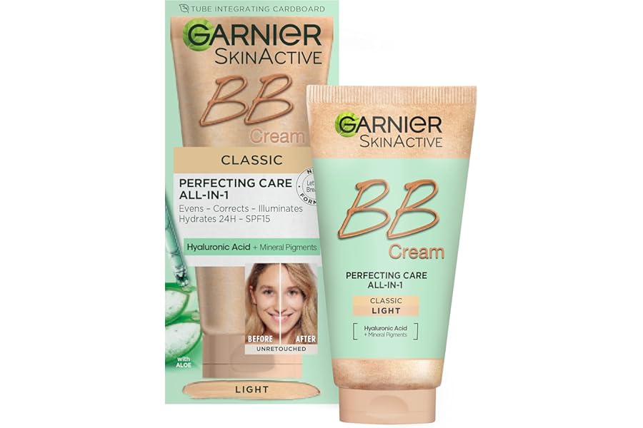 Garnier SkinActive Classic Perfecting All-in-1 BB Cream, Shade Classic Light, Tinted Moisturiser SPF 15, Brightens and Evens Skin, With Hyaluronic Acid Aloe & Mineral Pigments, 50 ml