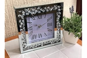 Biznest Floating Jewel 20cm Mirrored Mantle Clock Mirror Frame Bling Diamante Mantle Table Clock