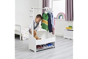Liberty House Toys Kids Hanging Rail with Extra Storage, Kids Clothes Rail, Wooden Hanging Rail with Storage, Toddler, Kids Dress Up Rail, White and Grey