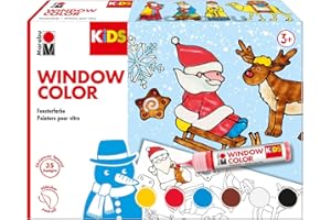 ‎MARABU Marabu 0306000000003 - Kids Window Color Winter mit 6 x 25 ml Farbe, Malvorlage A3 mit 35 Motiven und Folie A4, Fenstermalfarbe auf Wasserbasis, geeignet für Glas, Spiegel, Fliesen und Folie