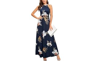 STYLEWORD Damen Neckholder Elegant Sommerkleid Ärmellos Blumenkleid Maxikleid Lange Strandkleid