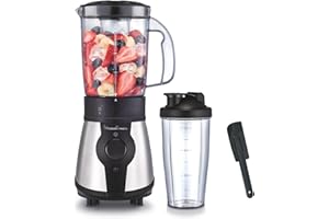 Moulinex Blend & Go, Batidora de vaso, Espátula, 1,3 L, 300 W, Compacta, Incluye botella para llevar 750 ml, Piezas aptas para lavavajillas, LM1B1DES