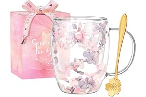 AREFEN Cadeaux pour Femmes Tasse à Café en Verre à Double Paroi avec Fleurs Séchées Jolies Tasses à Thé avec Poignées Isolées Cadeaux de Noël et d'Anniversaire pour Votre Meilleure Amie Professeure Maman