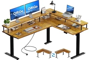 ‎OFFIGO OffiGo Eckschreibtisch Höhenverstellbar, 150x120cm Schreibtisch Höhenverstellbar mit Steckdose, Elektrischer Schreibtisch L Form mit Monitorständer, Rustikales Braun