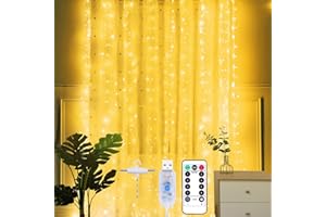 Yizhet USB Rideau Lumineux 2x2m, LED Guirlande Lumineuse 200LEDs Rideau Lumière Interieur avec Crochets, Télécommande Minuterie, 8 Modes, Decoration de Ramadan, Mariage, Saint-Valentin(Blanc Chaud)