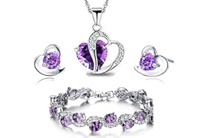 findout love heart jewellery set silver necklace silver earrings silver bracelets Amethyst red pink blue white Crystal Heart Silver pendant Necklace + stud earrings sets gift for women girls with jewellery box silver chain