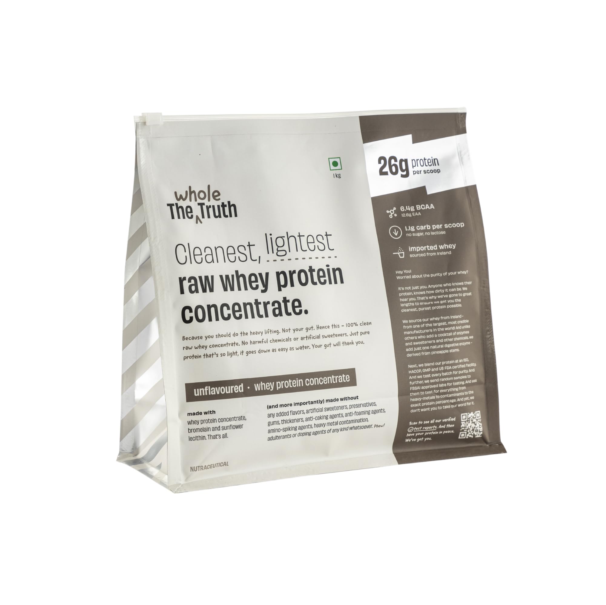 The Whole Truth Whey Protein Concentrate Unflavoured |1 kg (2.2 lbs) | 26g Protein per scoop | 6.4g BCAA | 100% Authentic Whe