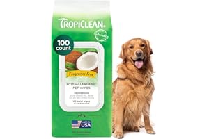 TropiClean Dog Wipes Grooming - Hypoallergenic Cleaning & Deoderising Wipes for Dogs, Cats, Puppies & Kittens with Allergies & Sensitive Skin - Removes Dirt, Dander & Odor, Fragrance Free, 100ct