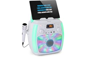 auna StarMaker Plus Karaoke System, Karaoke Machine, Bluetooth Function, USB Port, CD Player, for CD, CD + G, CD-RW, Includes Microphone, 2 Microphone Inputs, LED Show, RCA Output, Mic Holder, White