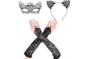 Celebration Directre Long Lace Floral Fingerless Gloves Bridal Black Lace Gloves Ladies's Elegant Party Gloves with Masquerade Mask Black Cat Ears for Ladies Women Halloween Cosplay Accessory