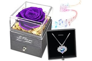HSUNER Preserved Real Rose, Purple Rose Flower with Angel Wing Love Heart Necklaces,You are My Sunshine Music Box,Valentine's Day Anniversary Birthday Christmas Preserved Rose Gifts for Her Women Mom