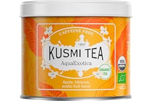 ‎KUSMI TEA Kusmi Tea - AquaExotica - Organic Infusion - Hibiscus and Apple Blend Flavoured with Exotic Fruits - Do picia na gorąco lub jako herbata mrożona - Metal Tea Tin 100g na około 50 filiżanek