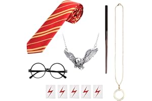 WANDERGO Juego de 10 accesorios para disfraz de mago con varita de mago, corbata a rayas, gafas de marco redondo, collar de mago, tatuaje temporal de relámpago para cosplay, disfraces, suministros de fiesta de