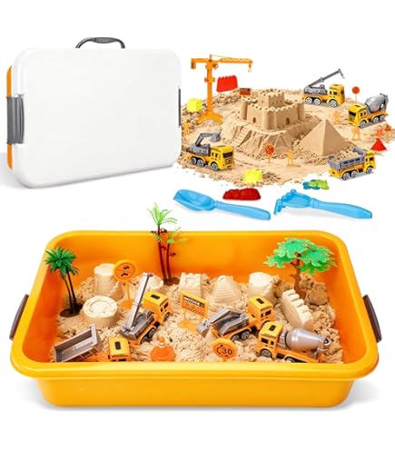 Subtail Sable Magique - 6 Camions De Chantier|16 Moules De ChâTeau|18 Panneaux De Signalisation - Voiture Jouet De Plage Sable Magique Enfant 2 3 4 Ans - GarçOns Et Aux Filles à