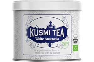 ‎KUSMI TEA Kusmi Tea - White Anastasia - organiczna biała herbata z bergamotką, kwiatem pomarańczy i cytryną - do picia na gorąco lub jako herbata mrożona - Metalowa puszka 90 g - ilość na około 50 filiżanek