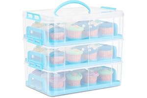 Flexzion 36 foremek na babeczki, 3-poziomowy, składany pojemnik na ciasto z pokrywką i uchwytem, wielokrotnego użytku, prostokątny, plastikowy, na desery, pojemnik transportowy, niebieski