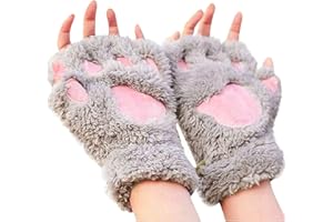 Topgrowth Accessorio Women's Kawaii Cat Plush Synthetic Fur Cosplay Paws Fingerless Gloves - Girls Half Finger Fabric, Black, One Size
