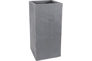 EDA - Bac à Fleurs Carré Haut Volcania 31 L - Décor Imitation Pierre - Double Paroi - Zone de Rétention d'eau - 39,5 x 39,5 x 80 cm - Gris Galet