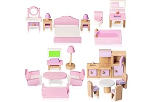 LAWCEPHUN Set di Mobili per Casa delle Bambole in Legno, 5 Stanze 22 Mini Accessori Include Cucina Sala da Pranzo Soggiorno Camera da Letto Bagno per Ragazzi