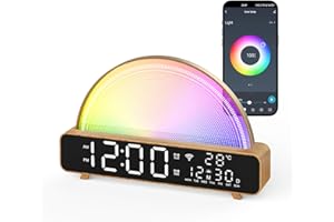 WGCG Sunrise Alarm Clock, Wake Up Light with Sunrise Simulation, White Noise Machine, Baby Sound Machine, Multicolor Night Light with 13 Soothing Sounds, Room Thermometer, APP/Touch/Voice Control (Wood)