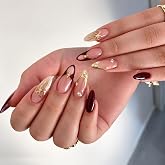 Nakhi 24 Pcs Press On Nails for Women | Nude & Wine Glossy Artificial False Nails with Gold Bow Star Design | Reusable Stick