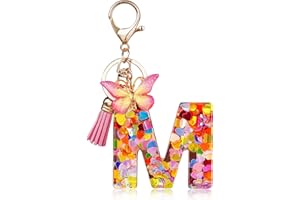 OSDUE Llavero de Letras y Mariposa - Colgante de Borla, Lentejuelas de Amor, Iniciales, Resina - Para Mujeres y Niñas