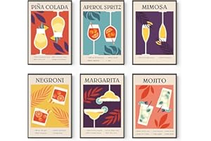 A ART·ZONE Poster artistico da parete con cocktail, stampe su carta senza cornice (6 pezzi 20,3 x 30,5 cm), decorazione da parete per dormitorio, bar, carrello, accessori per decorazione da parete