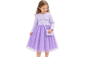 JiAmy Flickklänningar långärmad, elegant rutnät barnfest tyll prinsessa födelsedagsklänning rund hals knappar ner mode barn h