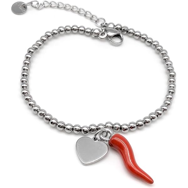 Bracciale Portafortuna Donna Con Cornetti Rossi - Rigido, Ciondoli Argento, Regolabile